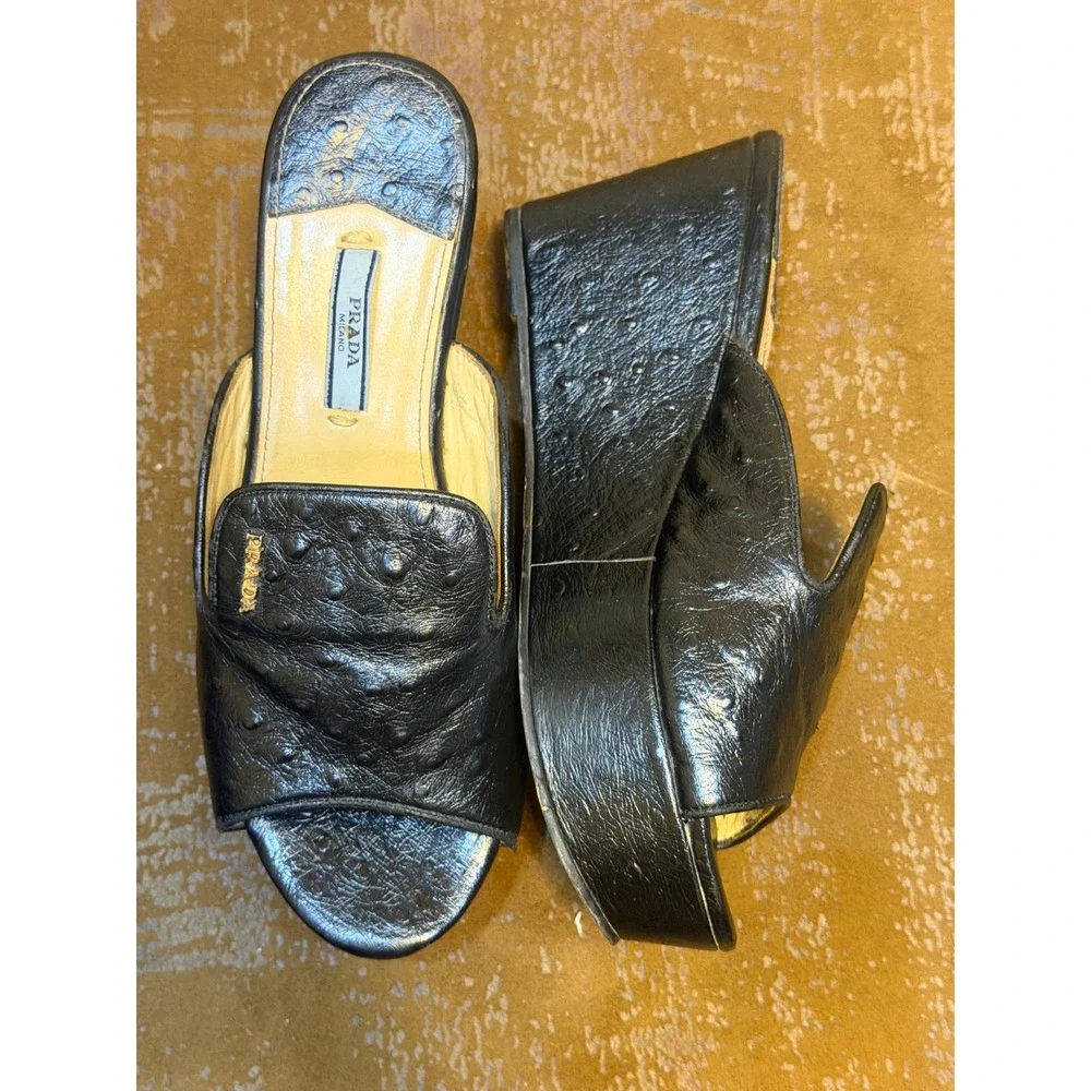 Prada Black Ostrich Embossed Leather Platform Wedge Mules Sandals 39 109-2